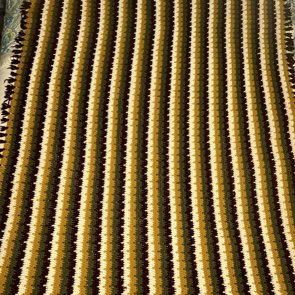 Handmade Crocheted Afghan Multicolor Brown Green Gold Vintage 80’s Grannycore